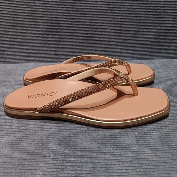 VIONIC Sparkle Vista Shine Toe Post Sandals Size 8 Gold Metallic Leather - Picture 3 of 11